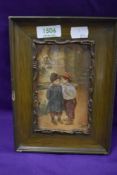 A framed and painted panel of two children.
