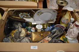 A box of mixed ceramics and ornaments, to include a metal fighting cockerel, chamberstick, Precision
