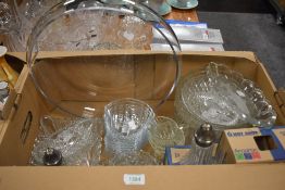A box of Pyrex ware, scallop shaped dishes, sugar sifters, and other glassware
