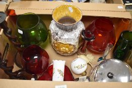 A selection of art glass and coloured glass vases, a pair of wooden twisted candle sticks, three