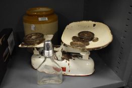 A set of Harper kitchen scales, a Cusenier glass hip flask and salt glazes pot