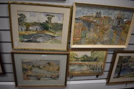 L C Lancfield, (20th century), four watercolours, inc river bridge, each signed, 24 x 34cm, two,