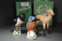 Three modern Beswick animal studies including a deer, kingfisher and stonechat AF. All with boxes.