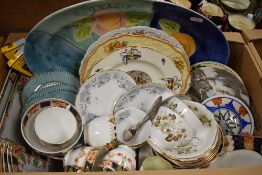 A box of tea wares including two Royal Albert 'Silver Maple' tennis sets, a Myott FH2908 cake