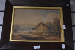 (19th Century) a watercolour lakeside cottage 20 x 28cm Victorian Rosewood framed and glazed 35 x