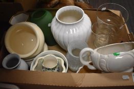 A box of modern ceramics, planters, and glassware, green glass vase, and other items