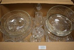 A box of cut glass items including bowls, jam pots, and trays etc.