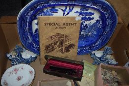 A box of blue and white willow tree pattern ashette, continental blue and white baskets, stamp