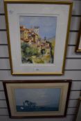 A watercolour depicting a Mediterranean village signed Gil Shaw 32 x 23cm framed and glazed 52 x