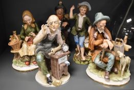 A group of five continental Capodimonte style porcelain figures, watch maker, busking tramp, young