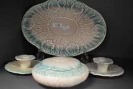 An Art Deco Wedgwood dressing table set, comprising trinket box, tray and two candlesticks, having