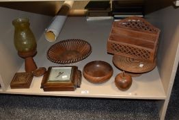 A collection of treen, comprising; micro mosaic box, turned bowl and apple, letter rack and candle