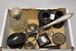A mixed lot of ebony and silver items, to include Ebony ink well, Ebony pen stand with hallmarked