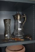 An etched decanter having silver plated lid and handle (damage to hinge) a plated spoon and fish