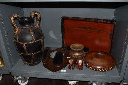 A selection of treen, including vintage tray and hall mirror with clothes brush, inlaid bowl and