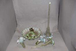 A Victorian table centre glass epergne in a green and milk glass AF.