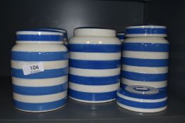 Six British Anchor blue and white striped storage jars in the style of T and G Greens Cornish