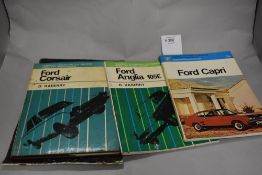 Three Pearson's illustrated car servicing series books for; Ford Capri, Ford Anglia 105E and Ford