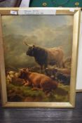 A framed print on board depicting Highland cows.