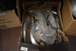 A mixed box of various vintage chrome and steel trims and similar, including Morris bonnet catch