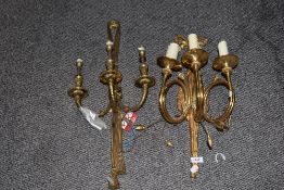 Two modern three branch heavy brass cast wall light fixtures.