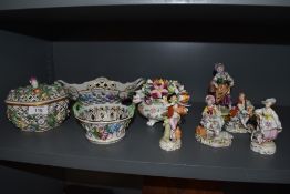 A mixed lot of 20th century Dresden ceramics, to include five figurines in the Chelsea style,
