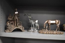 A bronze effect moulded resin study of a horse and foal, A vintage cast metal figurine of a man