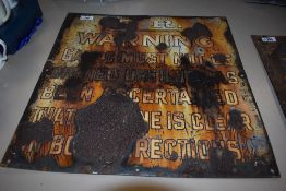 A distressed vintage enamel railway sign, 'F.R warning....'