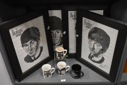 Four framed Beatles prints, having facsimile signatures, thee mugs and a jug.