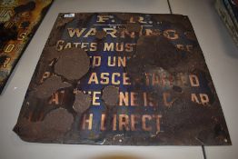A distressed vintage enamel railway sign, 'F.R warning....'