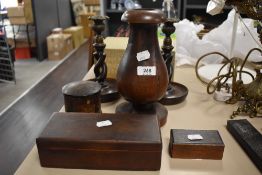 A mixed lot of treen, to include stamp box, Mahogany box with two internal compartments, lacquered