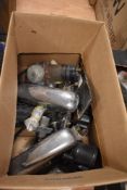 A miscellaneous box of vintage car parts, including pair of chrome over riders (possibly Mini or