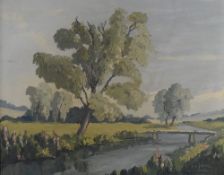 Charles G Johnson (British 1902-1983) oil on board, rural river scene, in pleasing pastel tones,