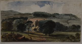 An early 20th century watercolour sketch, rural church scene, mounted and initialled A.E in pencil