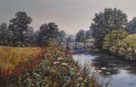 Deborah Poynton (South African b.1970) rural landscape with poppies aside a river and bridge, signed