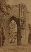A 19th century monochrome watercolour, ruined abbey St Mary's Abbey York, initialled T.T lower left,