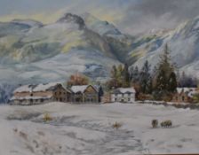 Norma M Ost (contemporary) acrylic on board, Lakeland winter scene, with buildings and sheep, signed