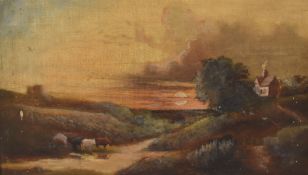 A charming late 19th/early 20th century oil on canvas, cattle watering at sunset, unsigned, artist