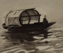W.H Reynolds (late 19th/early 20th century) a monochrome watercolour depicting a Chinese Sampan,