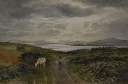 Attributed to Samuel Bough (British 1822-1878) watercolour, Scottish loch scene, with white horse