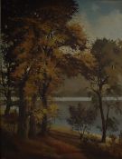 David Walsey (British 20th century)oil on canvas, autumnal woodland and river, signed, 90 x 70cm,