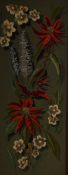 A 1970's needlework/embroidered decorative picture, an arrangement of flowers, within a slender