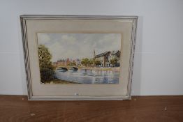 Cyril Pilgrim (British 1920-2013) watercolours, river scene with bridge, Swan Hotel and church
