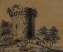 Attributed to Paul Sandby (British 1731-1809) pencil and watercolours, a circular fortified tower