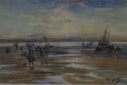 Thomas Swift Hutton (1865-1935) watercolours, coastal scene at sunrise with figures and boats on the