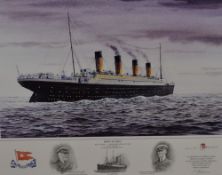After John Edwin Wigston (British b.1939) a coloured print 'First Sunset R.M.S Titanic - Wednesday