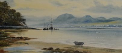J.W Stedman (British 19th/20th century) watercolours, estuary scene with moored/anchored boars,