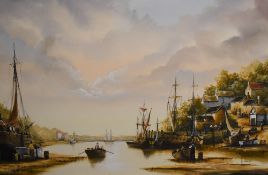 Ken Hammond (British b.1948) oil on canvas, 19th century estuary scene with various boats, signed