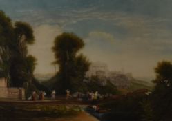 After John Cother Webb (1855-1927) coloured mezzotint engraving, figures in a Grecian landscape,