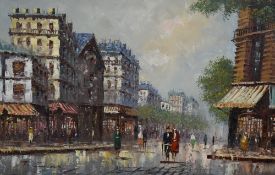 T Casson (20th/21st century) oil on canvas, Parisian street scene, unframed, 51cm x 76cm overall.